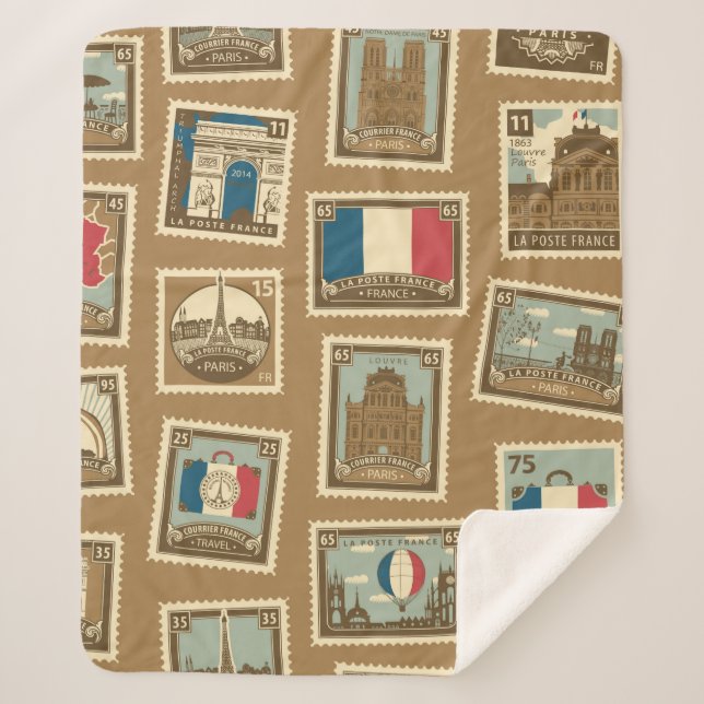 Couverture Sherpa  motif sans soudure avec timbres-poste sur le thèm (Devant)
