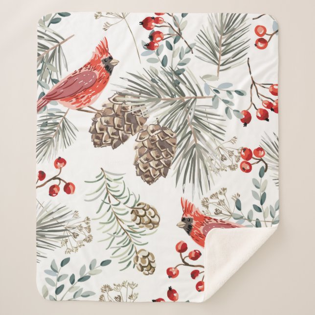 Couverture Sherpa Motif sans soudure de Noël, oiseaux cardinaux, rou (Devant)