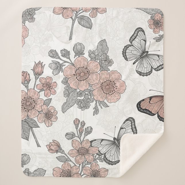 Couverture Sherpa Motif toile de fond botanique papillon vintage (2) (Devant)