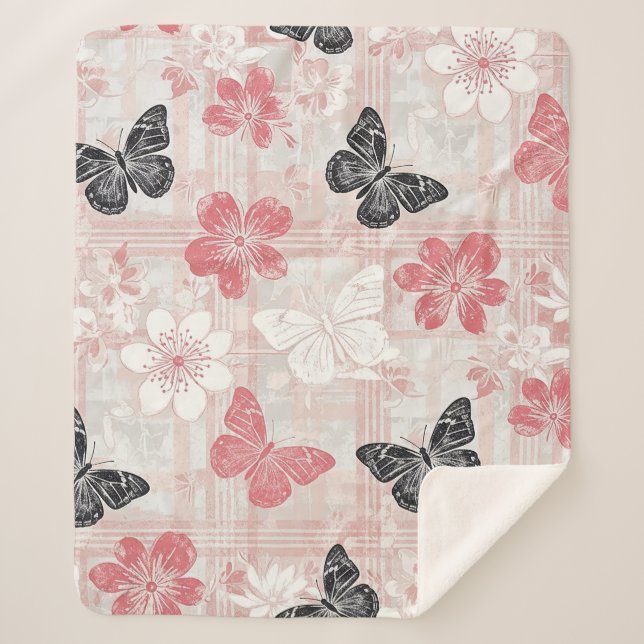 Couverture Sherpa Motif toile de fond botanique papillon vintage (3) (Devant)