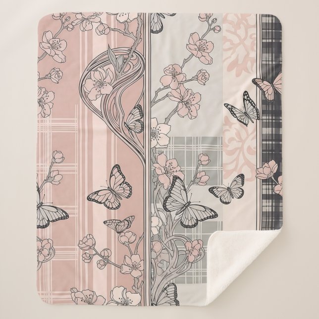 Couverture Sherpa Motif toile de fond botanique papillon vintage (4) (Devant)