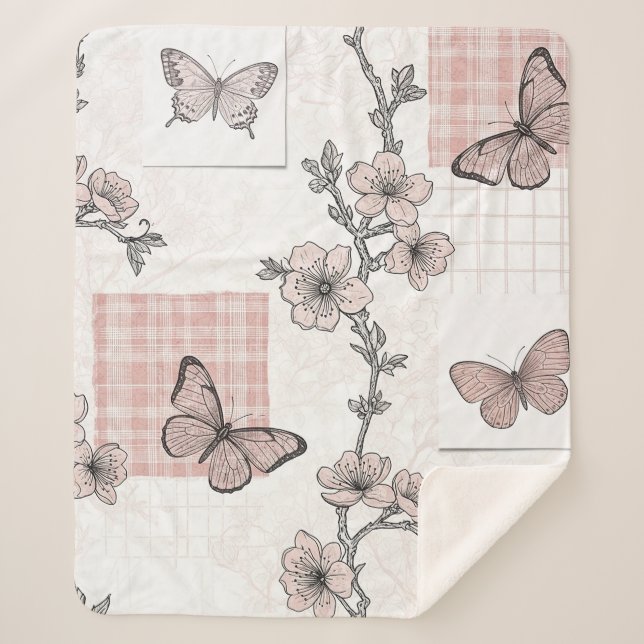 Couverture Sherpa Motif toile de fond botanique papillon vintage (5) (Devant)