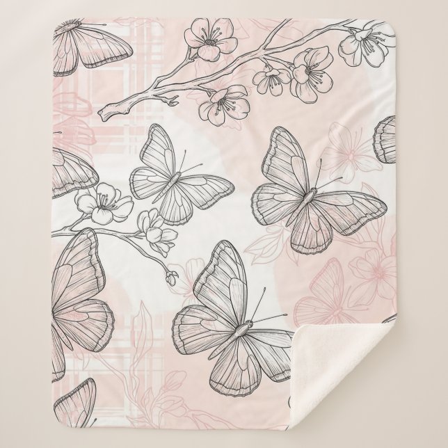 Couverture Sherpa Motif toile de fond botanique papillon vintage (6) (Devant)