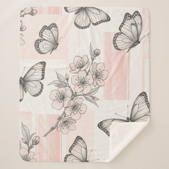 Couverture Sherpa Motif toile de fond botanique papillon vintage (9) (Devant)