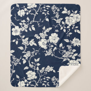Couverture Sherpa Motif Toile Floral Vintage Bleu (12)
