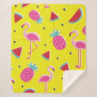 Couverture Sherpa  motif tropical à ananas rose, flamants roses, w
