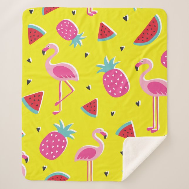 Couverture Sherpa  motif tropical à ananas rose, flamants roses, w (Devant)