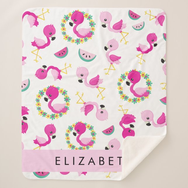 Couverture Sherpa Motif tropical, Flamants roses, Fleurs, Votre Nom (Devant)