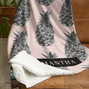 Couverture Sherpa Motif Tropical Grey & Rose Ananas Avec Nom