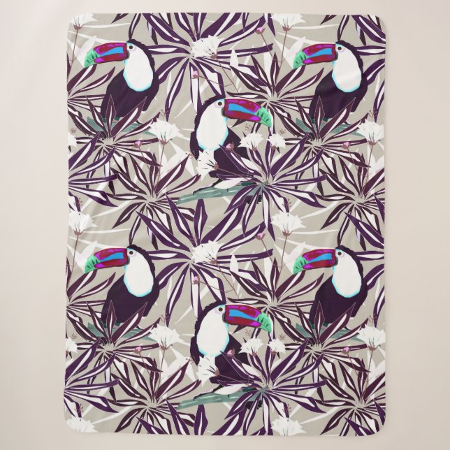 Couverture Sherpa Motif tropicale avec palmiers et oiseaux. (Devant)