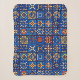 Couverture Sherpa Motifs géométriques d'art folklorique bleu cobalt 