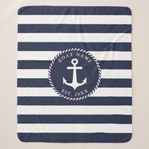 Couverture Sherpa Nautical Navy Blue White Ancre Nom du bateau