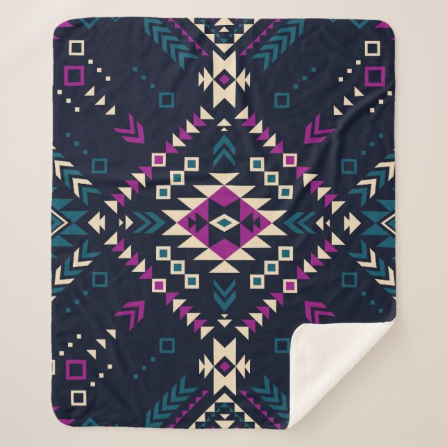 Couverture Sherpa Navajo tribal foncé, géométrique vintage. (Devant)