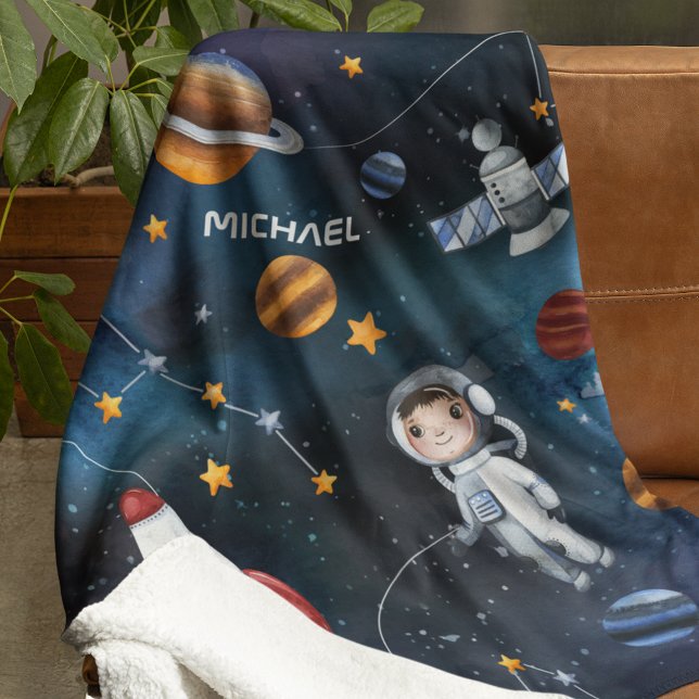 Couverture Sherpa Navette d'astronaute spatiale personnalisée (Outer Space Astronaut Boy Personalized Sherpa Blanket)