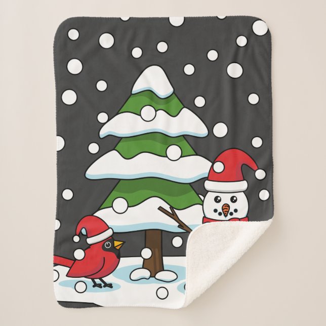 Couverture Sherpa Neige tombant sur Cardinal, Snowman et Pine Tree (Devant)