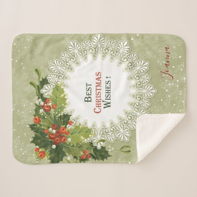 Couverture Sherpa Noël Berries rouges Green Wath White Snowflake (Devant (Horizontal))