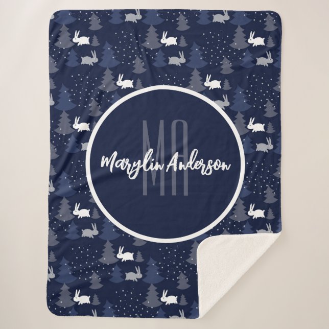 COUVERTURE SHERPA NOËL BLEU FONCÉ ARBRES D'HIVER ET BUNNIERS (Devant)