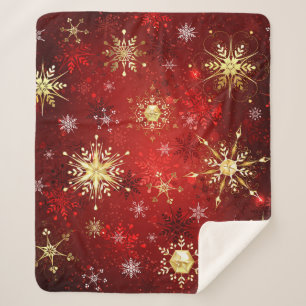 Couverture Sherpa Noël Golden Snowflakes sur Arrière - plan rouge