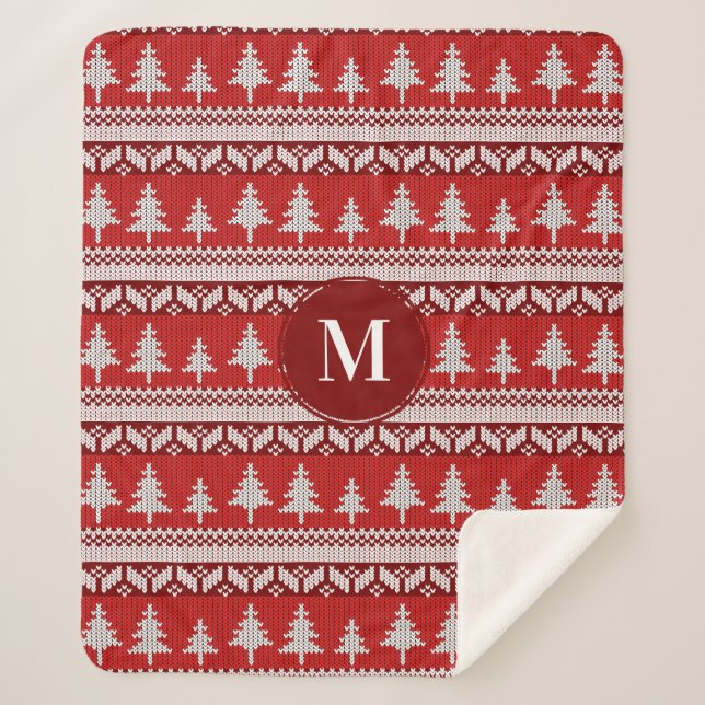 Couverture Sherpa Noël Red Nordic Fir Trees & Blanc | Monogramme (Devant)