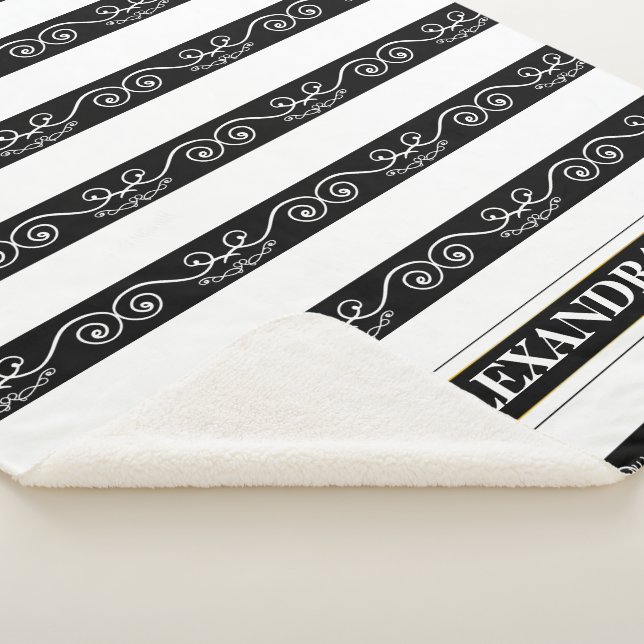Couverture Sherpa Noir blanc rayé élégant design monogramme (3/4)