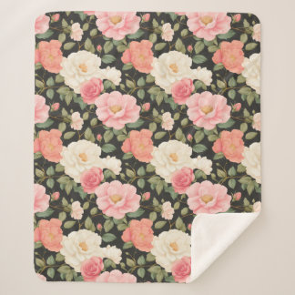 Couverture Sherpa Noir Blossom Chaleur Élégant Style Rose Dessiné À
