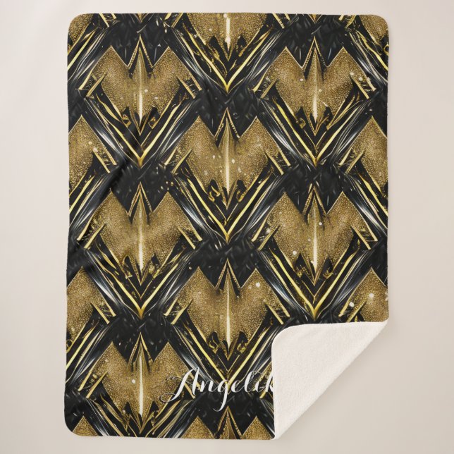 Couverture Sherpa Nom Chevron personnalisé Abstrait Or et noir (Devant)