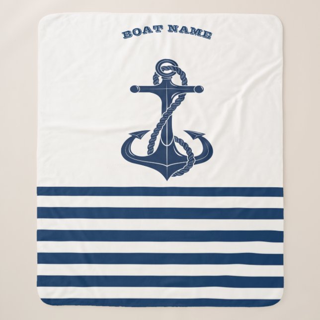 Couverture Sherpa Nom de bateau nautique, ancre  Rayures bleues et b (Devant)