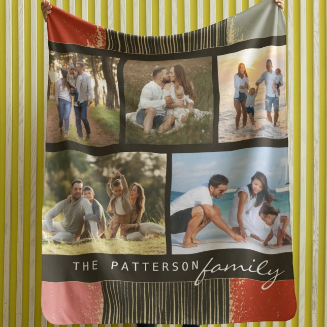 Couverture Sherpa Nom de famille 5 Photo Collage Rustique Abstrait (Créateur téléchargé)