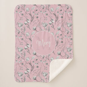 Couverture Sherpa Nom de monogramme rose floral personnalisé