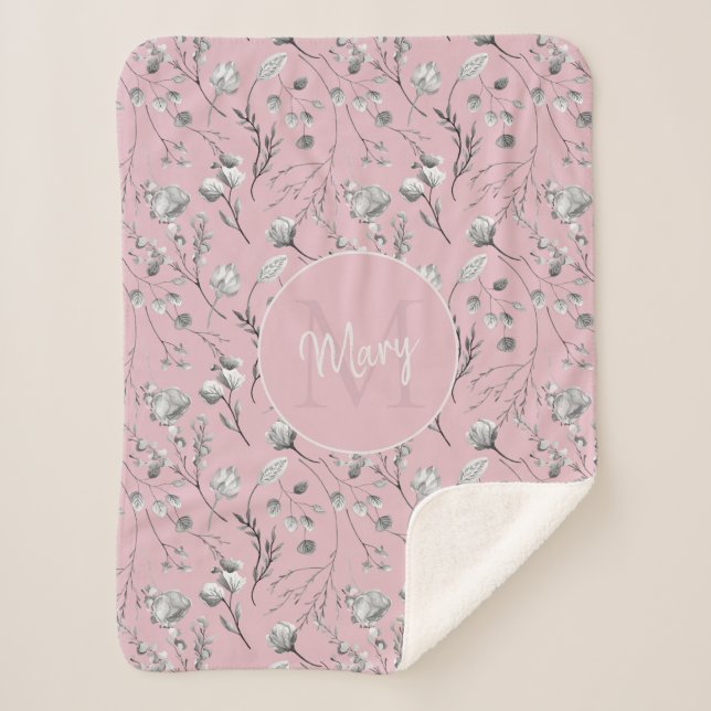 Couverture Sherpa Nom de monogramme rose floral personnalisé (Devant)