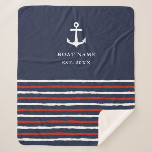 Couverture Sherpa Nom du bateau nautique Ancres Rayures Marine Blue
