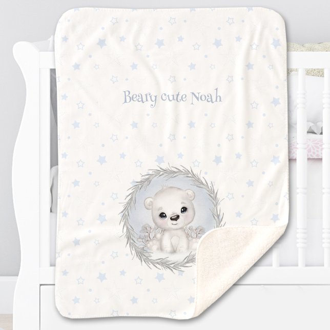 Couverture Sherpa Nom du garçon de l'ours polaire mignon Hiver Blanc (Cute Polar Bear Boy Name Winter Warm White Blue Sherpa Blanket)