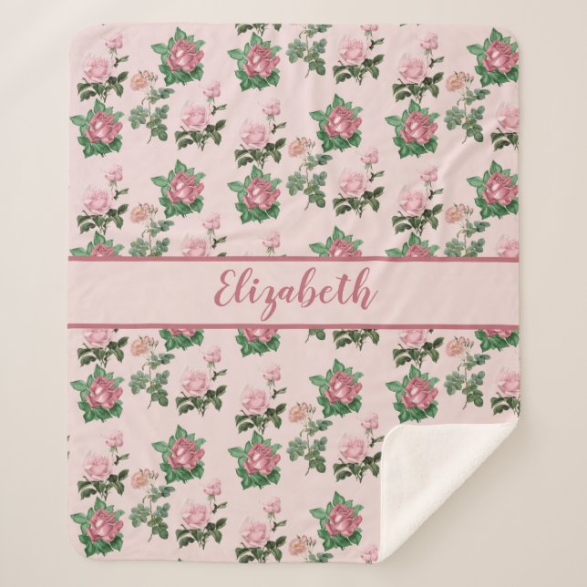 Couverture Sherpa Nom du monogramme Roses roses roses florales Chic  (Devant)