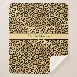 Couverture Sherpa Nom Monogramme Imprimé Léopard Noir Or Cheetah