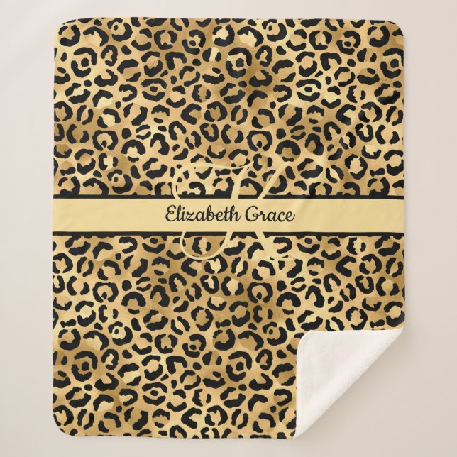 Couverture Sherpa Nom Monogramme Imprimé Léopard Noir Or Cheetah (Devant)