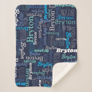 Couverture Sherpa Nom personnalisé bleu cyan aqua imprimé partout