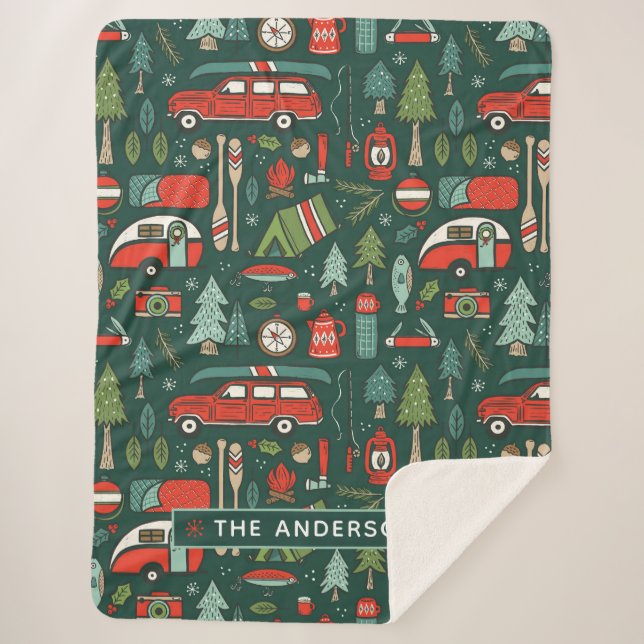 Couverture Sherpa Nom personnalisé Camping de Noël rustique (Devant)