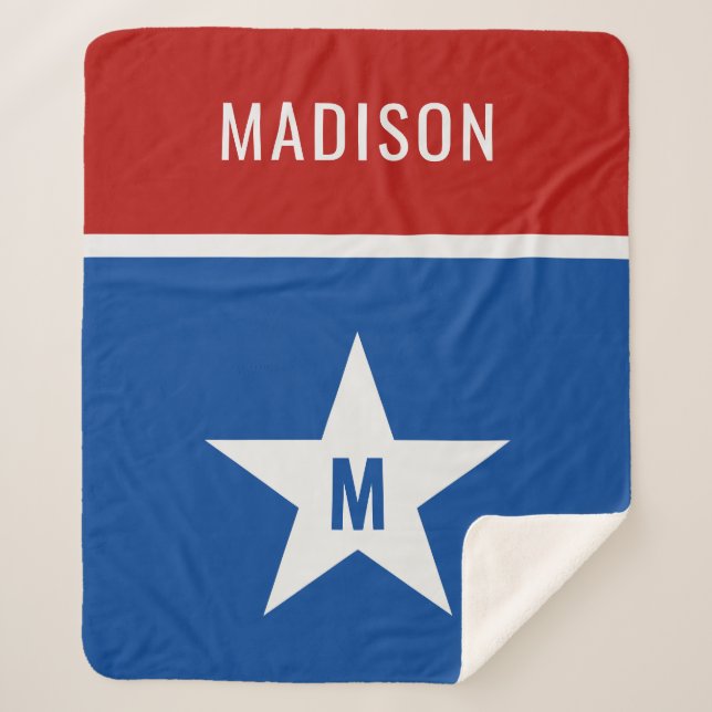 Couverture Sherpa Nom personnalisé et initiale Rouge, Blanc et Bleu (Devant)