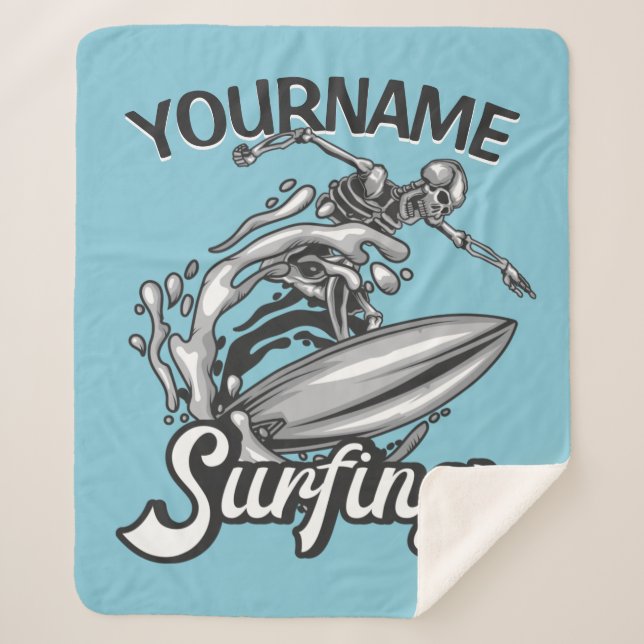 Couverture Sherpa NOM personnalisé Surfer Big Wave Skeleton Surfing (Devant)