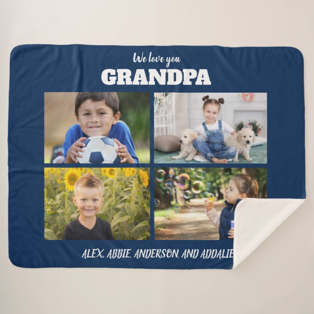 Couverture Sherpa Nous vous aimons Papi 4 Photo Bleu marine    (Devant (Horizontal))