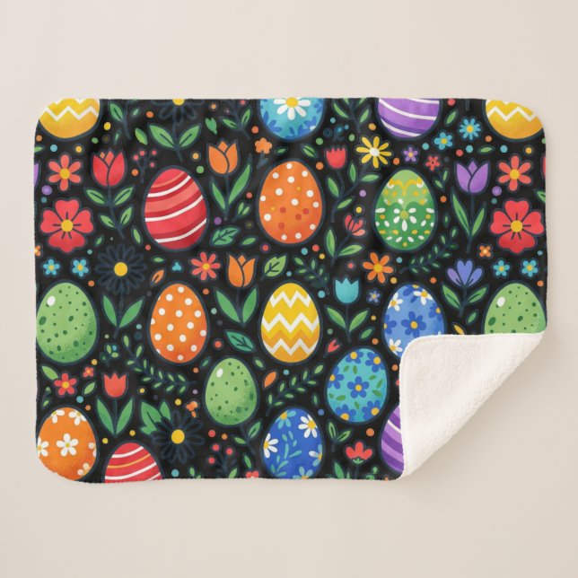 Couverture Sherpa Œufs de Pâques et fleurs arc-en-ciel (Devant (Horizontal))