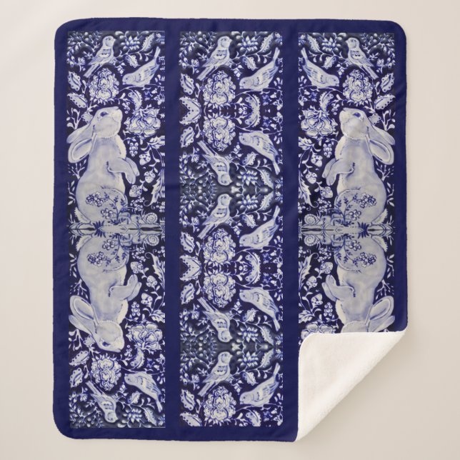 Couverture Sherpa Oiseau de lapin bleu et blanc Floral Chinoiserie N (Devant)