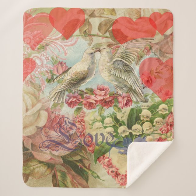 Couverture Sherpa Oiseaux de l'amour Vintage Antique Cœur (Devant)