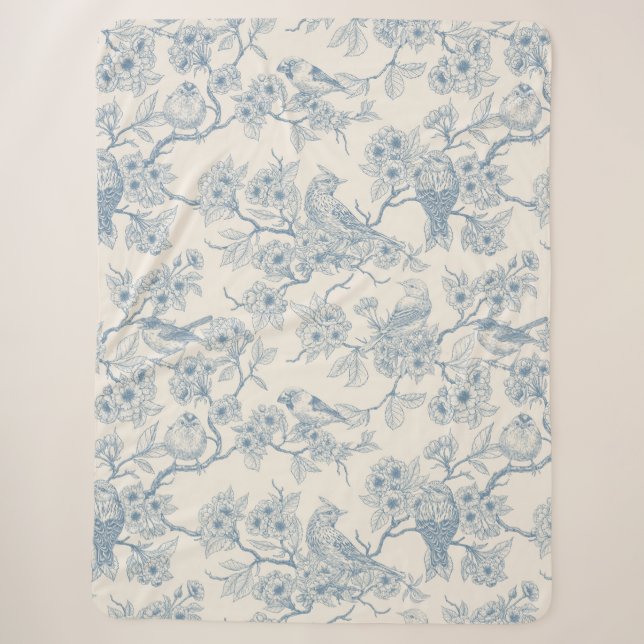 Couverture Sherpa Oiseaux et fleurs de cerisier en bleu et blanc cas (Devant)