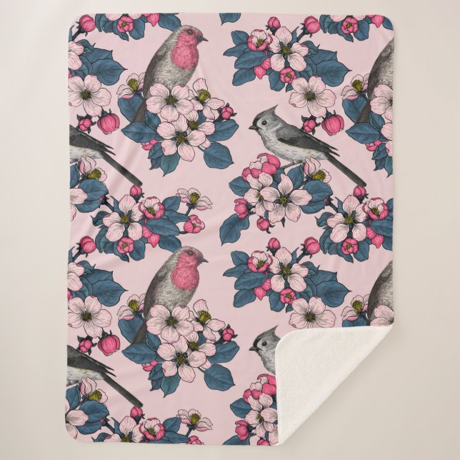 Couverture Sherpa Oiseaux et fleurs roses (Devant)