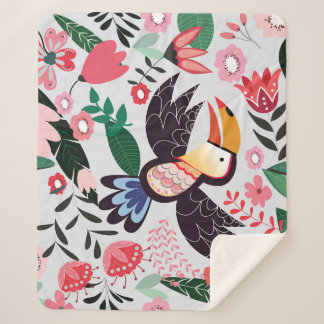 Couverture Sherpa Oiseaux tropicaux, motif de gribouillis à fleurs.