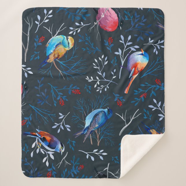 Couverture Sherpa Oiseaux vibrants : Gouache Dark Elegance (Devant)