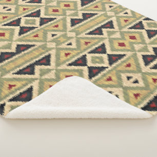 Couverture Sherpa Olive Green Mustard Ochre Yellow Tribal Ikat Art