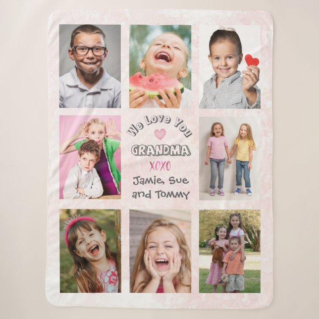 Couverture Sherpa On aime Mamie Collage Photo (Fond Rose) (Devant)