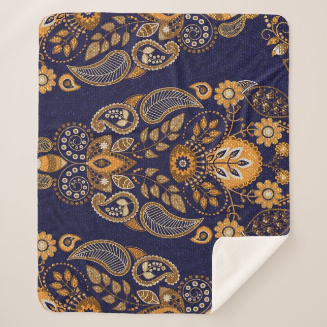 Couverture Sherpa Or et bleu, motif sans couture fleurie. (Devant)